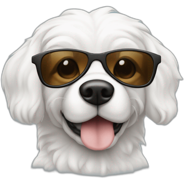 Un perro blanco con manchas marrones con gafas de sol emoji