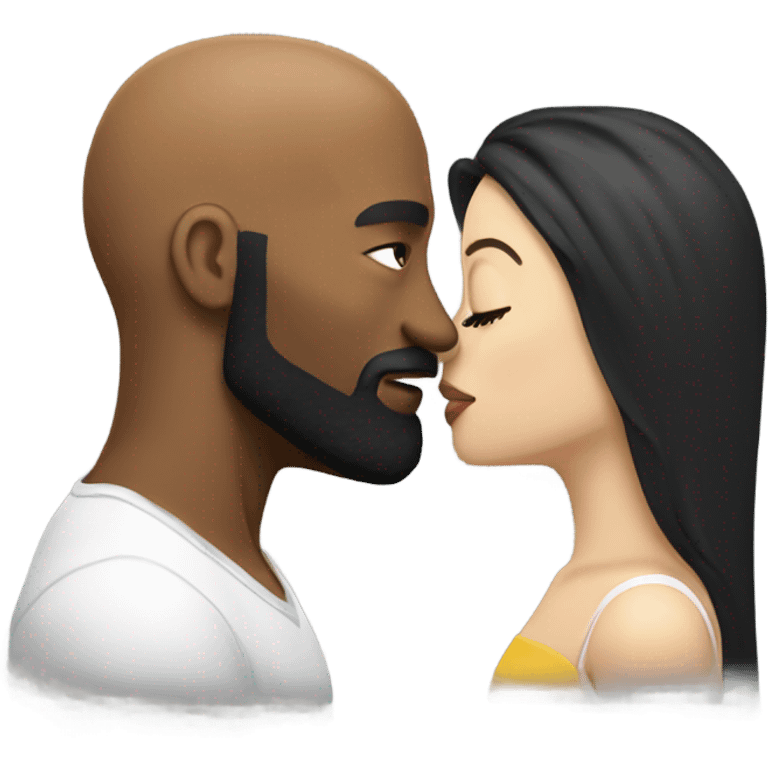 White brunette kissing muscular black bald man with beard emoji