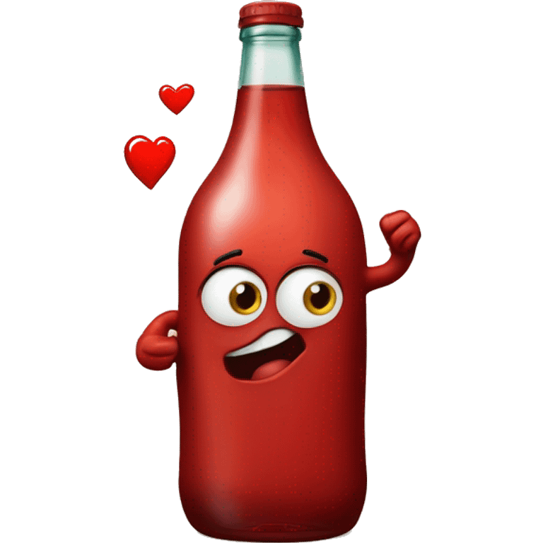 A red heart ❤️ with eyes, a mouth, and hands, looking tipsy and drunk, holding a bottle of drink in one hand, with a playful, wobbly expression emoji