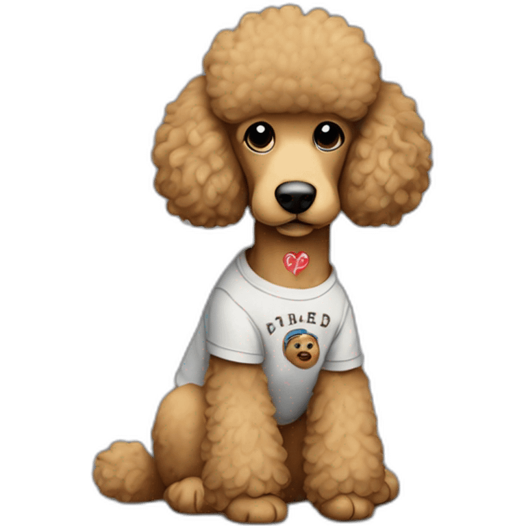 Light brown poodle seated and wearing a t-shirt of Eddie Vedder emoji