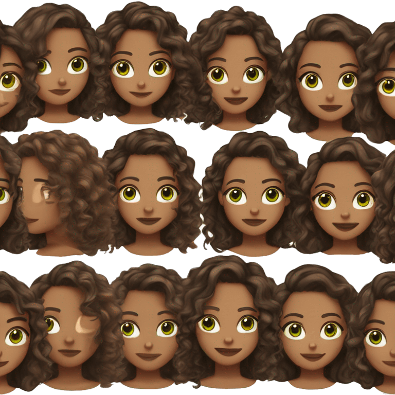 long curly hair brown, brown eyes with a hint of green, eyes positive  canthal tilt ,medium thick shaped eyebrows in dark brown, and medium thin lips, round face shape, soft jawline emoji