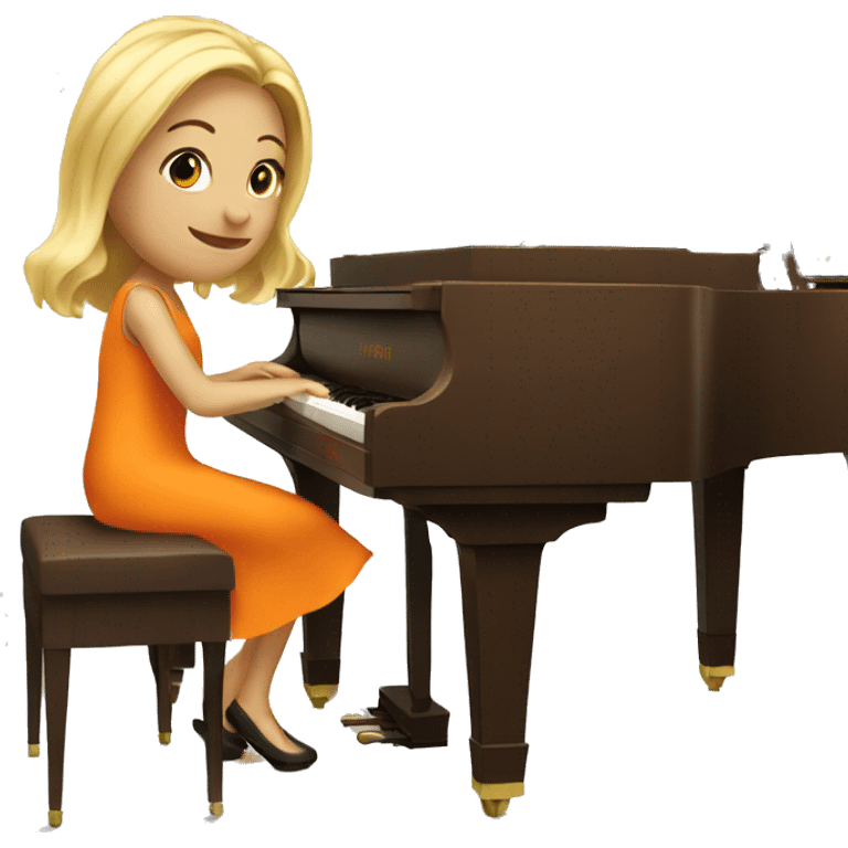 Blonde girl wearing an orange dress playing a brown upright piano emoji