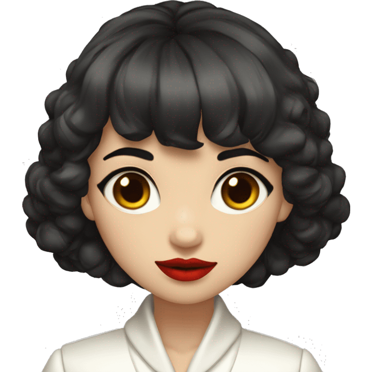 girl dark hair short to the shoulders and bangs, red lips , white coat with stosce emoji