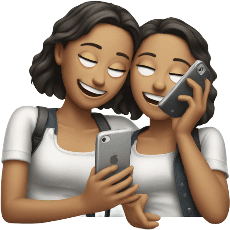 two girls laying in bad laughing at their cell phones emoji