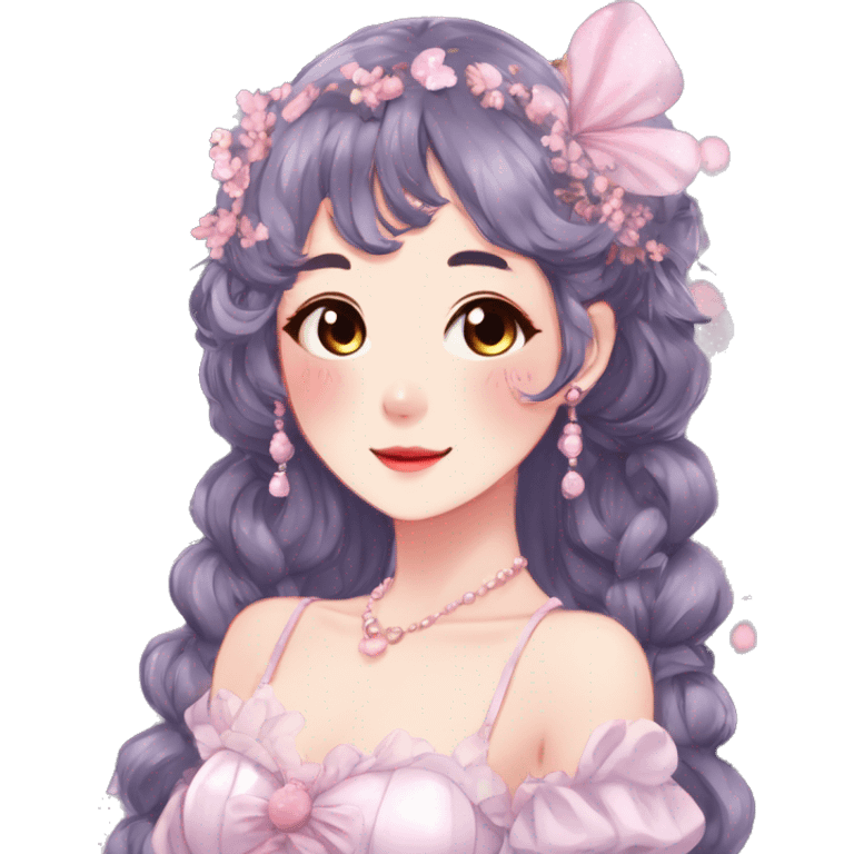 Gorgeous anime style lady with blushing face and accessories cottagecore fairycore Kawaii anime colorful pearly romantic aesthetic trending style emoji