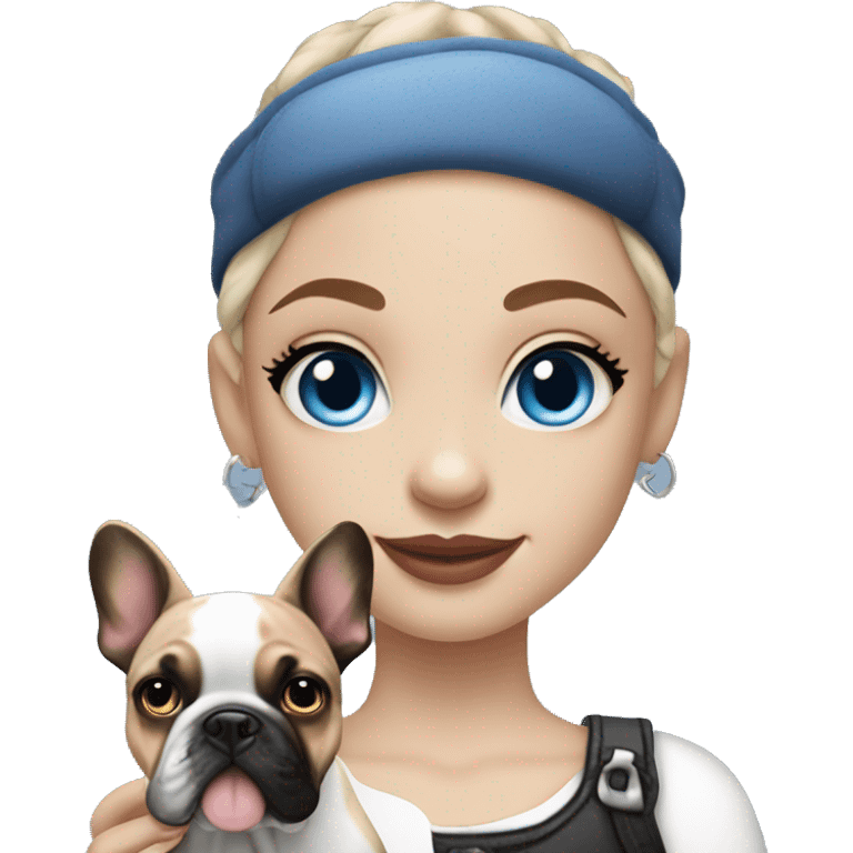  Girl light-skinned and fair-haired blue eyes dancer with a French bulldog merle puppy emoji