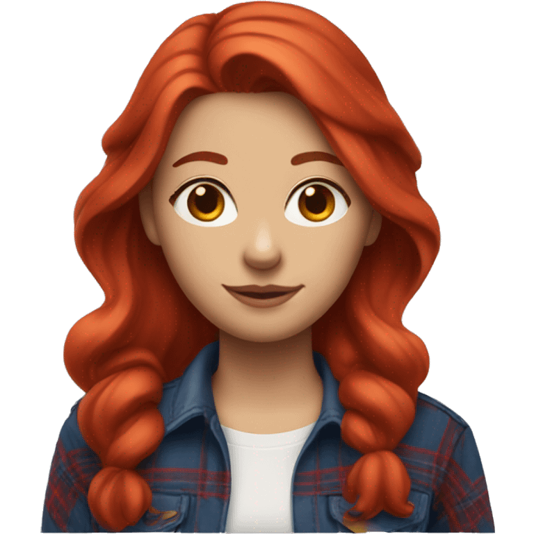 Ruby Red haired woman wearing a red flannel shirt and blue jeans emoji