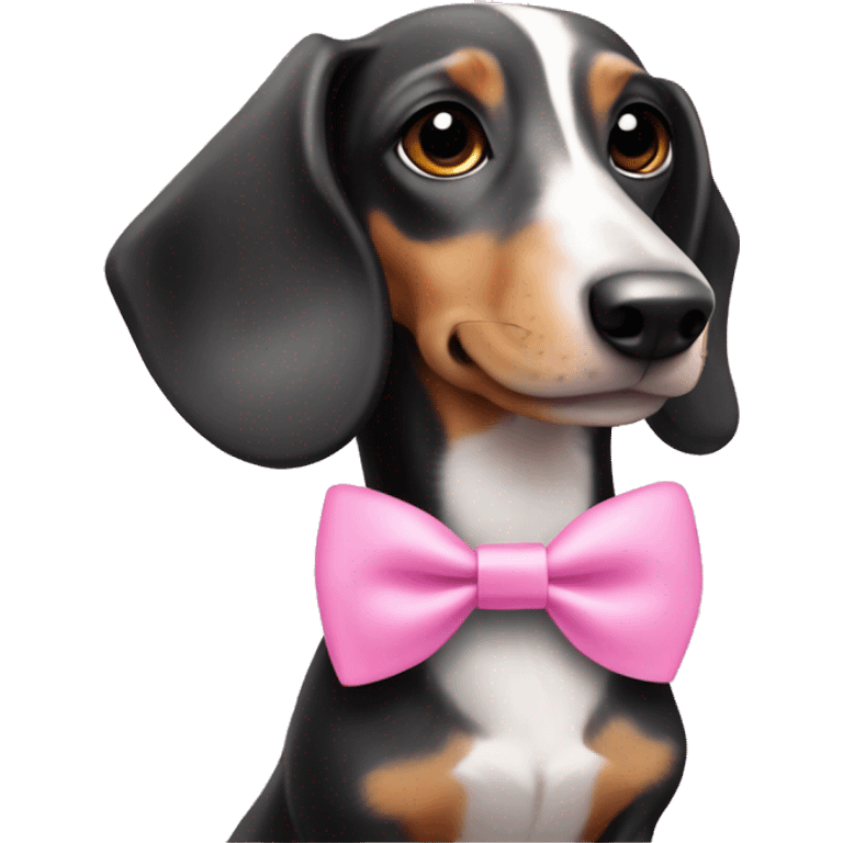 White and black dachshund wearing pink bow emoji