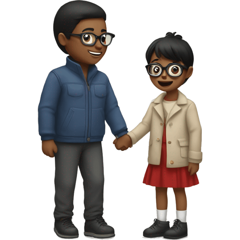 Girl with short straight black hair & glasses holding little boys hand at Christmas parade  emoji