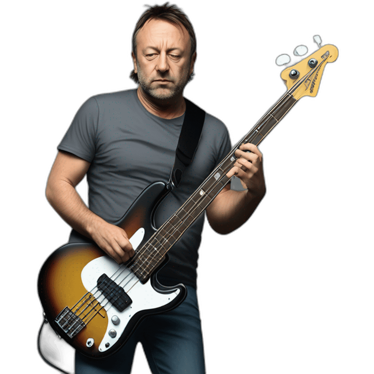 photo realistic Peter Hook, in 1979, playing a Yamaha black bass guitar, standing, full body, front view emoji