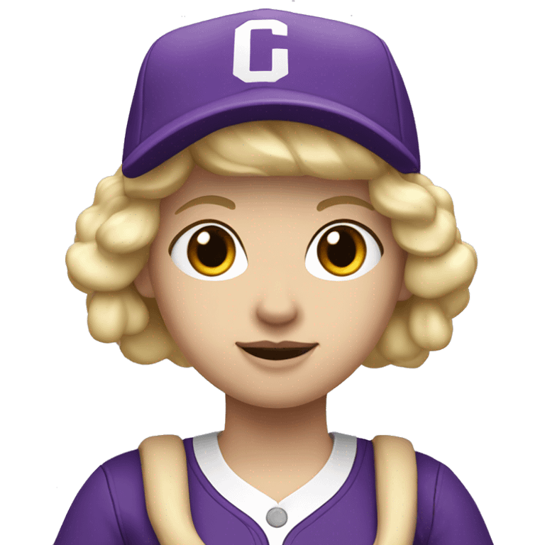 baseball card character. Blonde female bob hair. letter C logo. Purple and white uniform. emoji