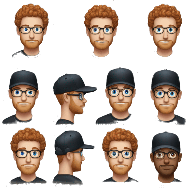 30 years old, male, red hair, curly hair, glasses, black baseball hat, blue eyes, pale complexion, stubble facial hair emoji