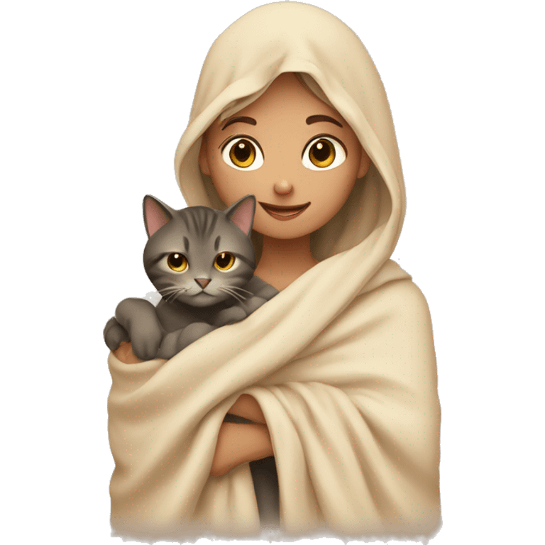 girl petting cat in beige blanket emoji