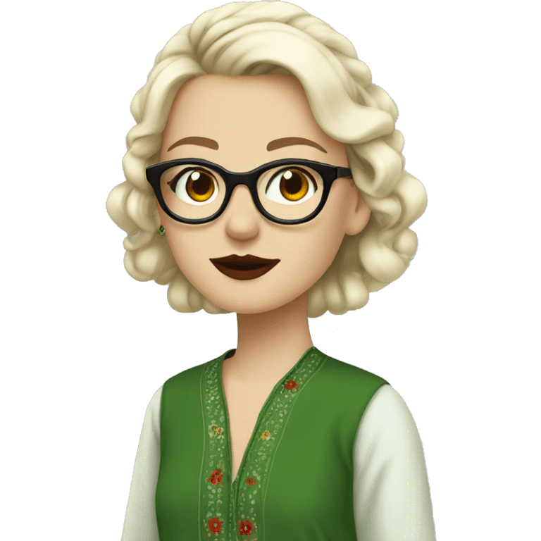 White girl in a green kurta with flower design, glasses, piercing, red lips, nose ring, full body, teen, short edgar hair,  emoji