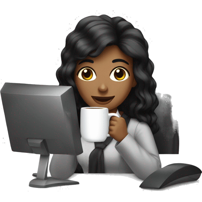 Secretary black hair computer and drinking coffee emoji