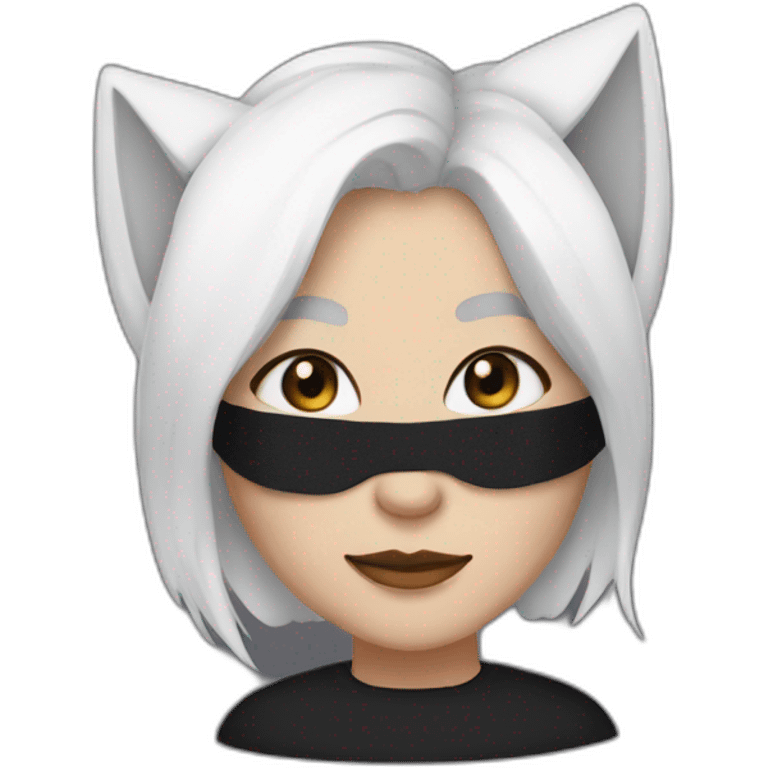 A woman with white hair and cat ears and a black mask around her eyes has white skin  emoji