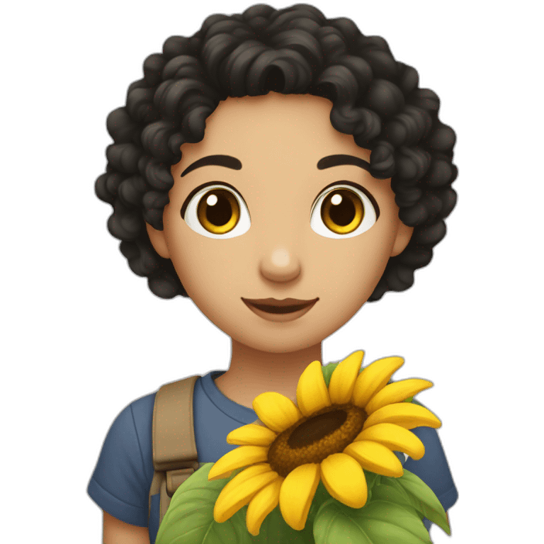 curly black hair white girl holding sunflower emoji