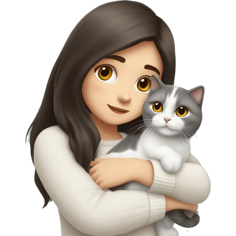 a girl with long dark brown hair, in a white sweater, hugs a Scottish fold grey and white one cat. emoji