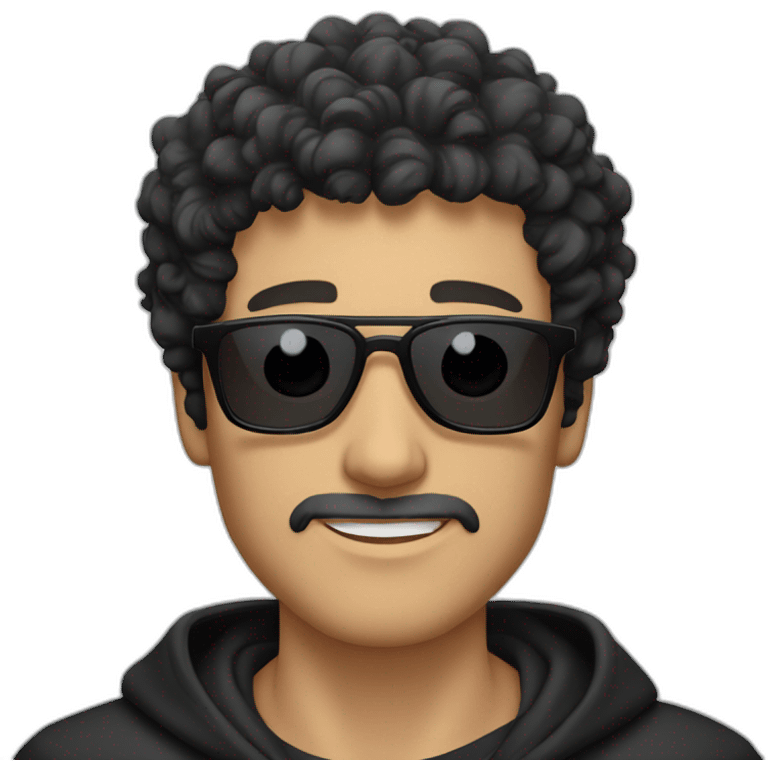 Caucasian man with black curly hair and stubble wearing black hoodie and sunglasses  emoji