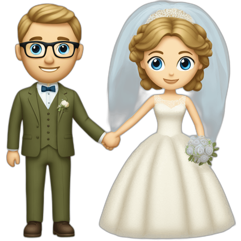 Wedding couple. Bride has brown hair pinned up. She wears lace dress. She has blue eyes. Groom has olive green suit and brown vest. He has blond hair. He wears glasses. He has blue eyes too. emoji