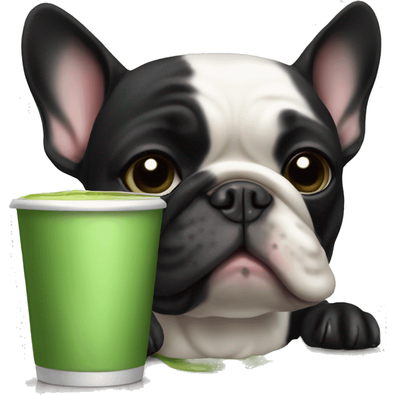 Black French bulldog drinking matcha tea emoji