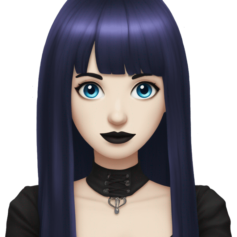 gothic girl, pale skin, blue eyes, long hair, deep dark purple hair, bangs, black clothes, eyeliner, upper lip mole emoji