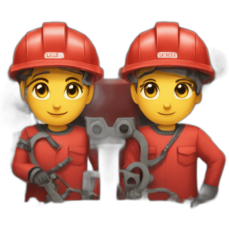 a team of two people dismantling industrial machinery wearing red uniforms with an "S" drawn as a logo. emoji