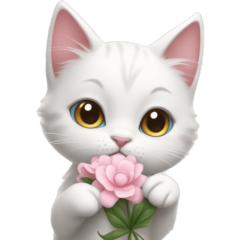 cute white cat holding light pink flowers in her paw emoji