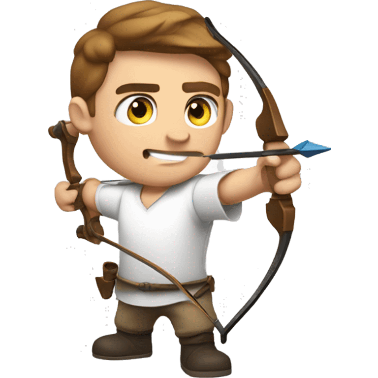 a male archer aiming with a bow looking at his target, wearing a white shirt, brown hair, bright skin, emoji