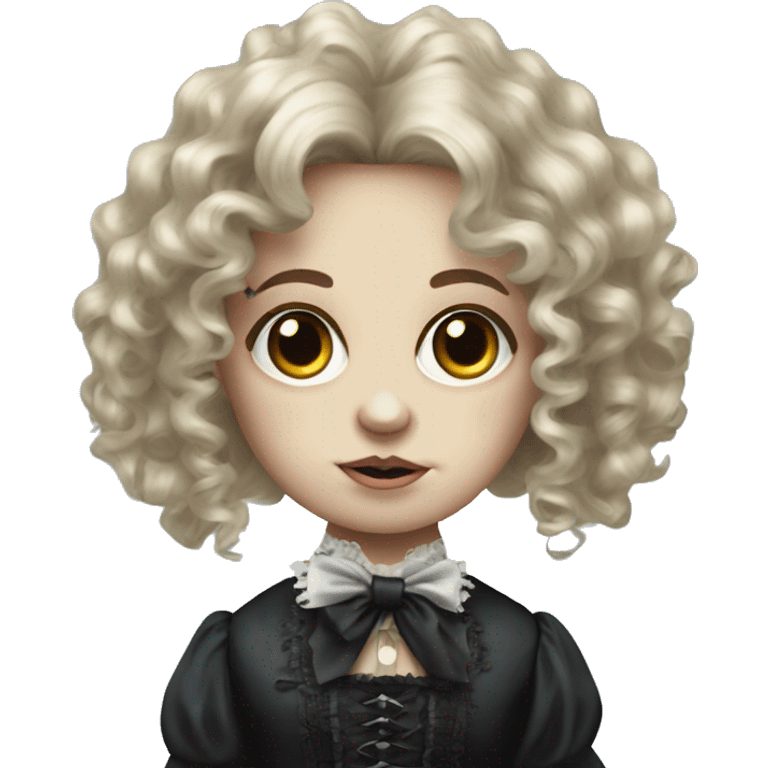 creepy, haunted, victorian doll with very long curly hair and a hair bow emoji