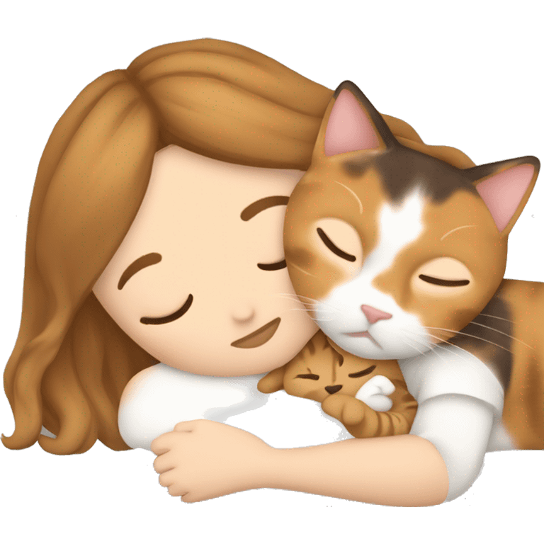 Calico cat sleeping with a girl who la white and has light brown hair  emoji