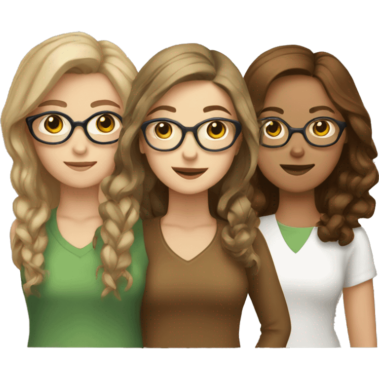 Three white girls with brown hair standing next to eachother one with glasses emoji