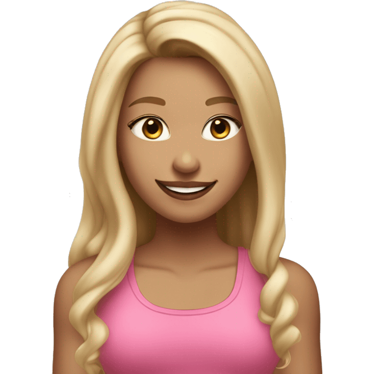 Girl with pink tank top and lighter skin straight dirty blonde hair with light blonde highlights with makeup smiling and long hair emoji