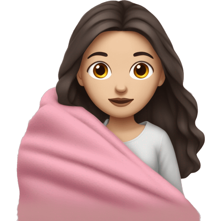 white girl with dark hair cuddling in pink blanket emoji