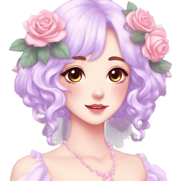 Gorgeous pastel anime style lady with blushing face and roses cottagecore fairycore pastelcore shiny colorful pearly aesthetic trending style emoji