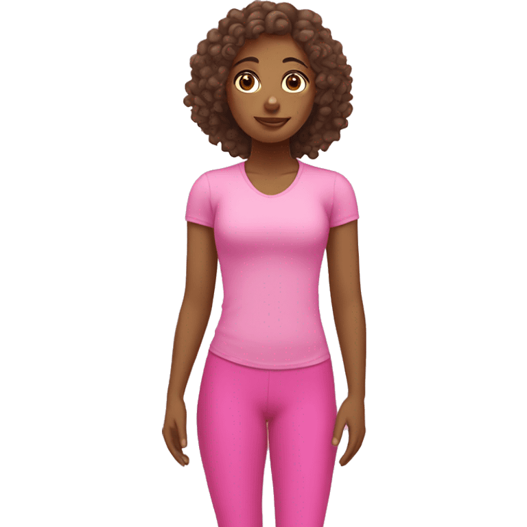 Brown girl with long curly hair doing Pilates and wearing pink emoji