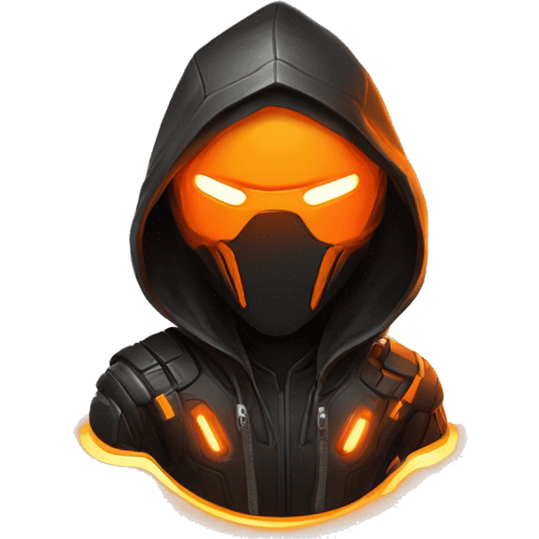  developer behind his laptop with this style : crysis Cyberpunk Valorant orange glowing bright orange character orange black hooded assassin themed character emoji