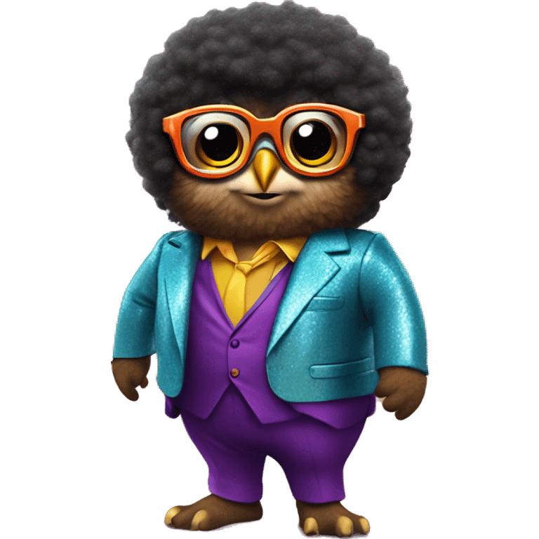 A chubby A brown owl with a black Afro and groovy glasses and a colorful disco suit doing a disco pose emoji