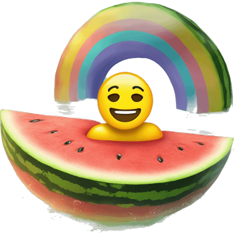 Create an emoji of a man swimming in a lake, floating on a watermelon, floaty, with a rainbow background with sunshine emoji