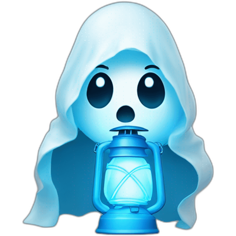 Ghost outlined in glowing white, holding a neon-blue lantern emoji