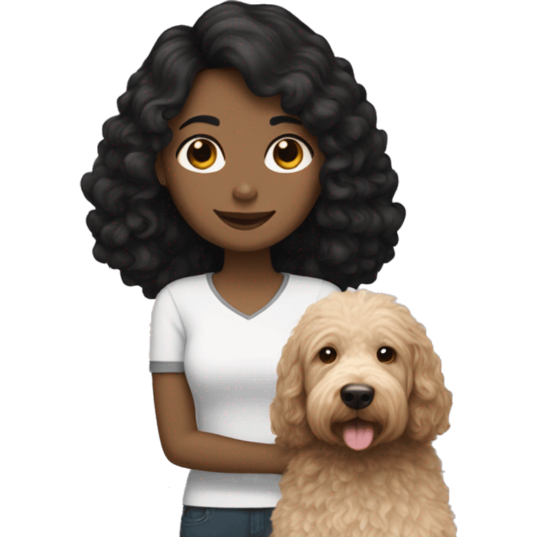 black haired white girl with labradoodle dog that's black emoji