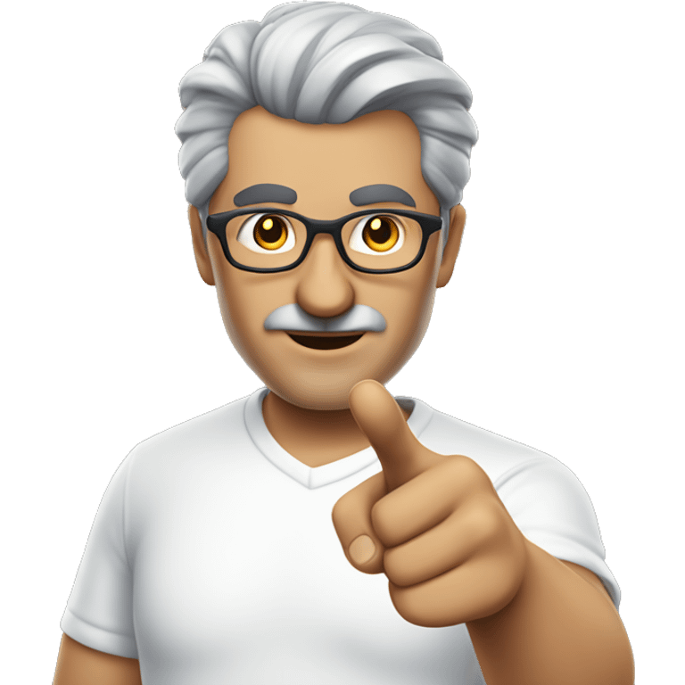 turkish man with glasses and grey hair in a white t-shirt pointing a finger gun emoji