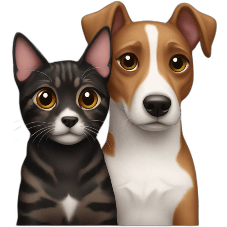 Black tabby cat and brown Jack Russell dog hugging emoji