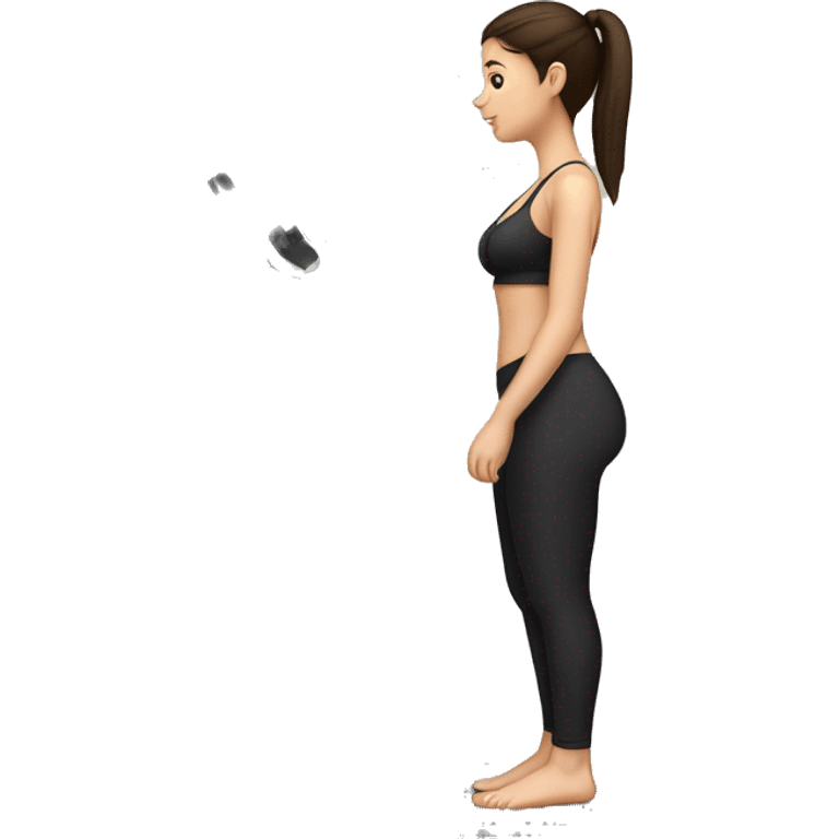 Side view of a brunette girl standing on a bathroom scale she is looking down, wearing black leggings and a sports bra,  emoji