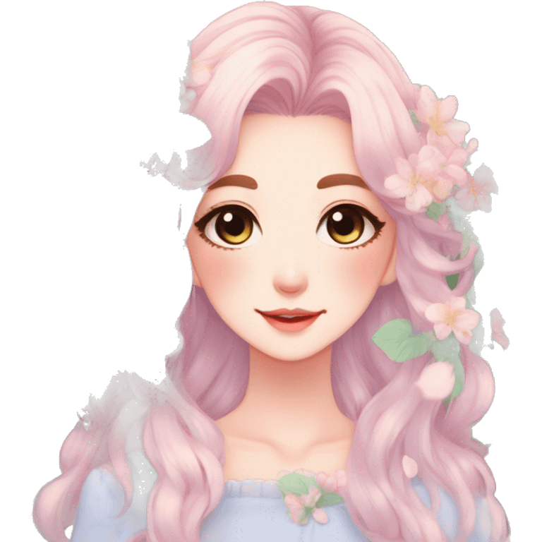 Gorgeous Pastel Anime-Style Lady with beautiful hair flower petals leaves cottagecore fairycore pastelcore kawaii aesthetic trending style emoji