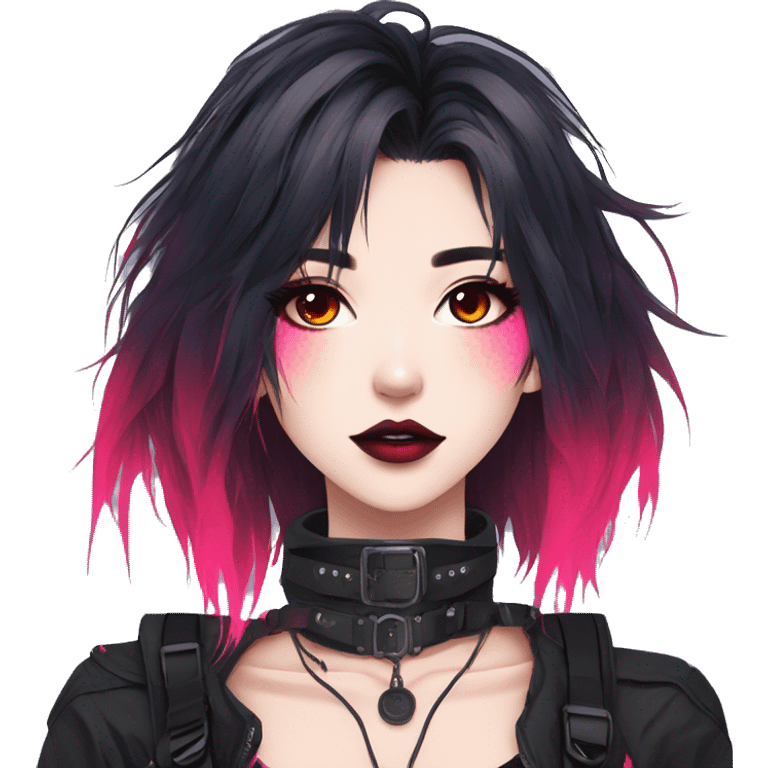 Gorgeous bright colorful neon gothic techwear anime style lady with blushing face aesthetic and pretty edgy black red punk messy hair with collar and harness trending style emoji