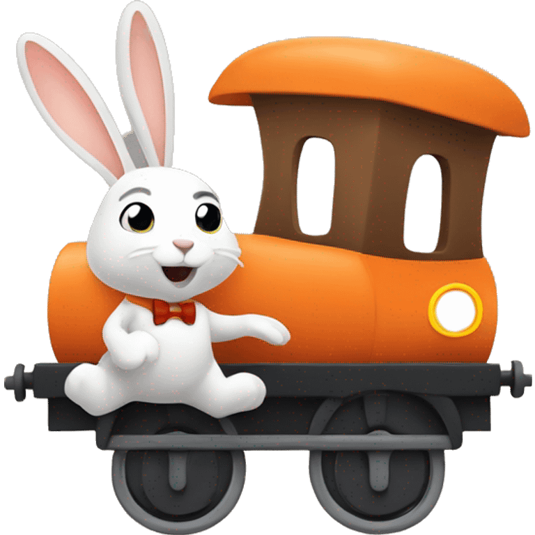 rabbit conductor riding a train that is shaped like a carrot emoji