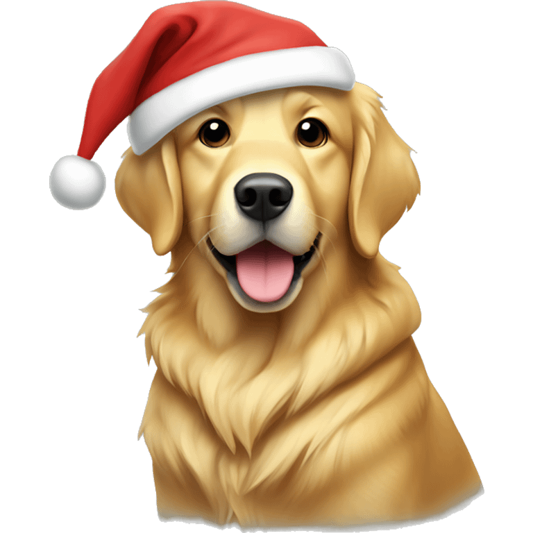 Golden retriever with a hoodie and Santa hat emoji