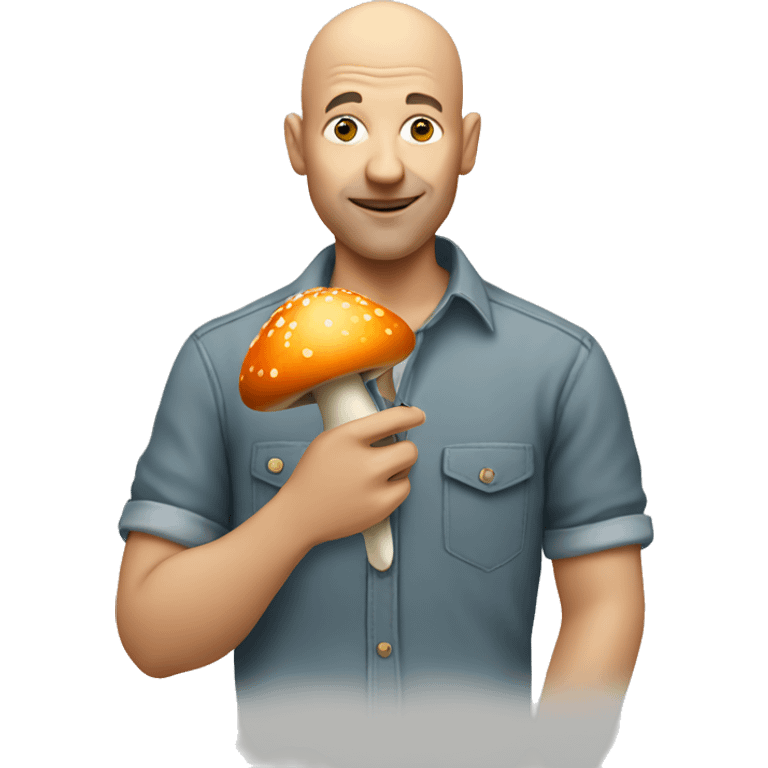 bald man in casual shirt eating mushroom emoji