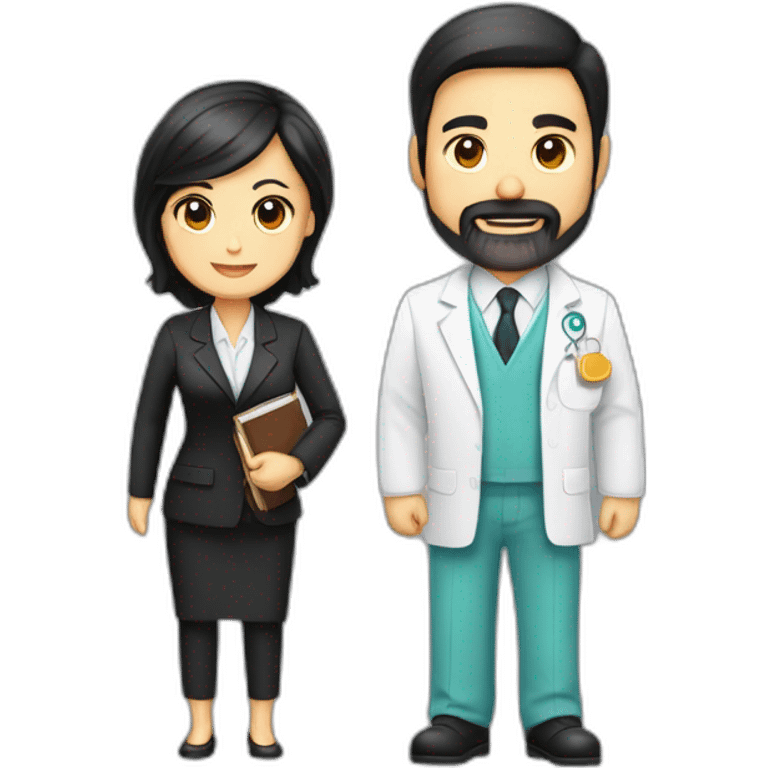 husband middle-aged dark hair trimmed beard wearing dark business suit holding bible, wife asian middle-aged black long hair wearing nurse uniform, no children emoji